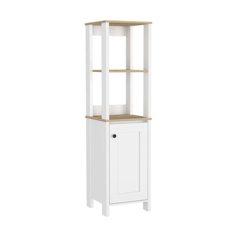 Linen Cabinet, Two Open Shelves, Single Door, Light Oak / White Finish