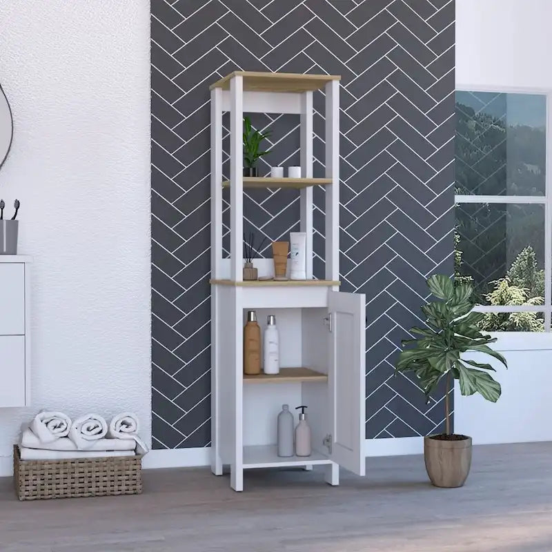 Linen Cabinet, Two Open Shelves, Single Door, Light Oak / White Finish