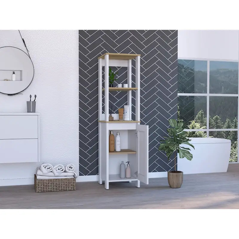 Linen Cabinet, Two Open Shelves, Single Door, Light Oak / White Finish