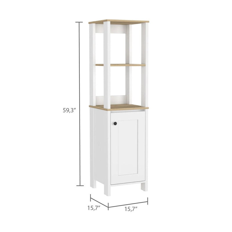 Linen Cabinet, Two Open Shelves, Single Door, Light Oak / White Finish