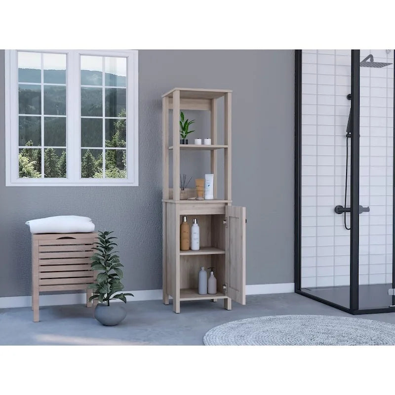 Linen Cabinet, Two Open Shelves, Single Door, Light Oak / White Finish