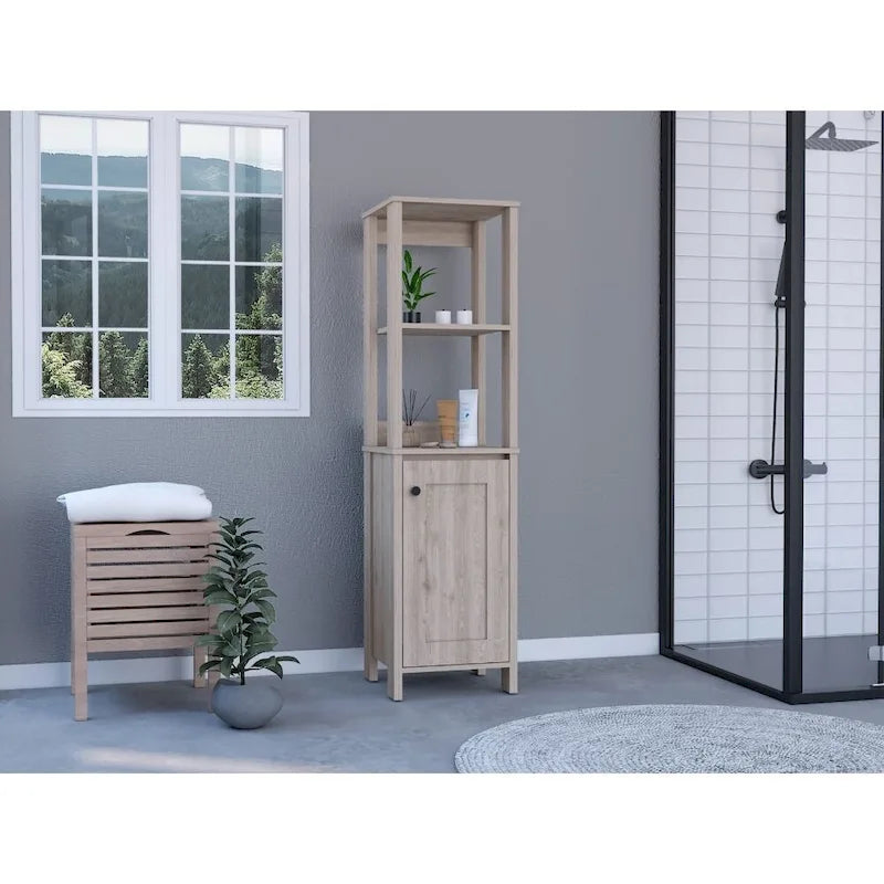 Linen Cabinet, Two Open Shelves, Single Door, Light Oak / White Finish