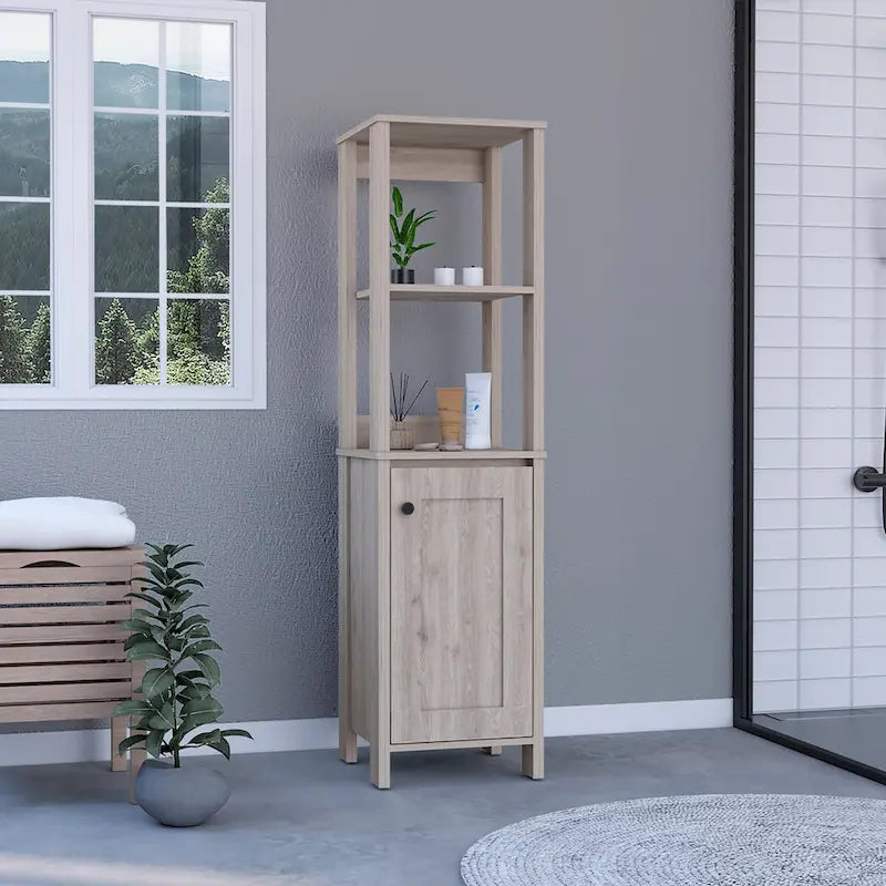 Linen Cabinet, Two Open Shelves, Single Door, Light Oak / White Finish