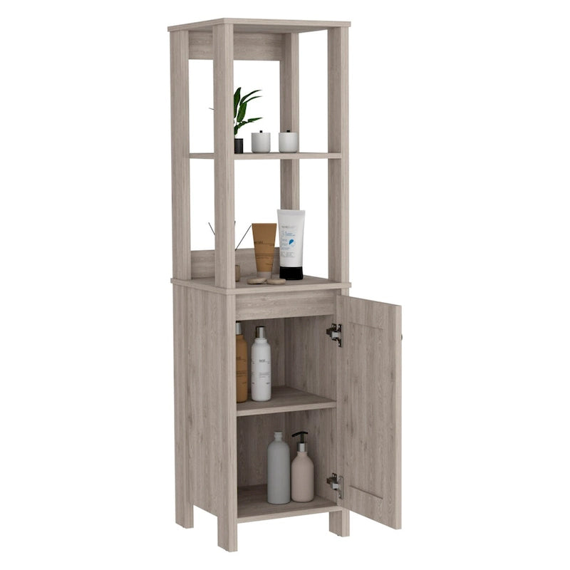 Linen Cabinet, Two Open Shelves, Single Door, Light Oak / White Finish