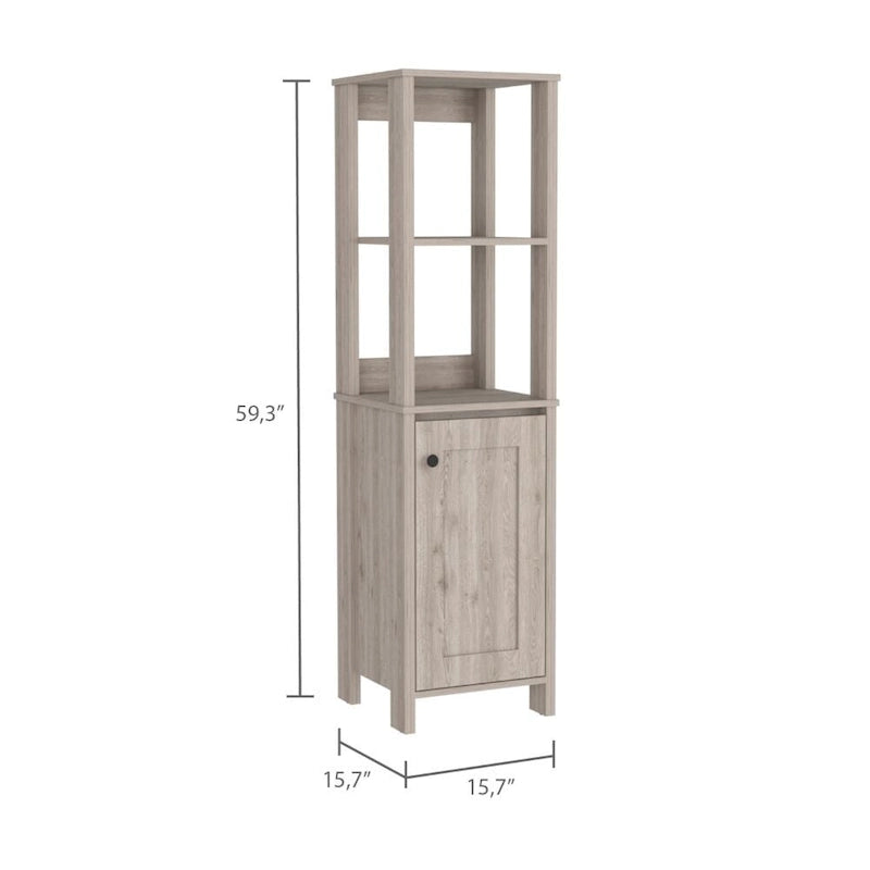 Linen Cabinet, Two Open Shelves, Single Door, Light Oak / White Finish