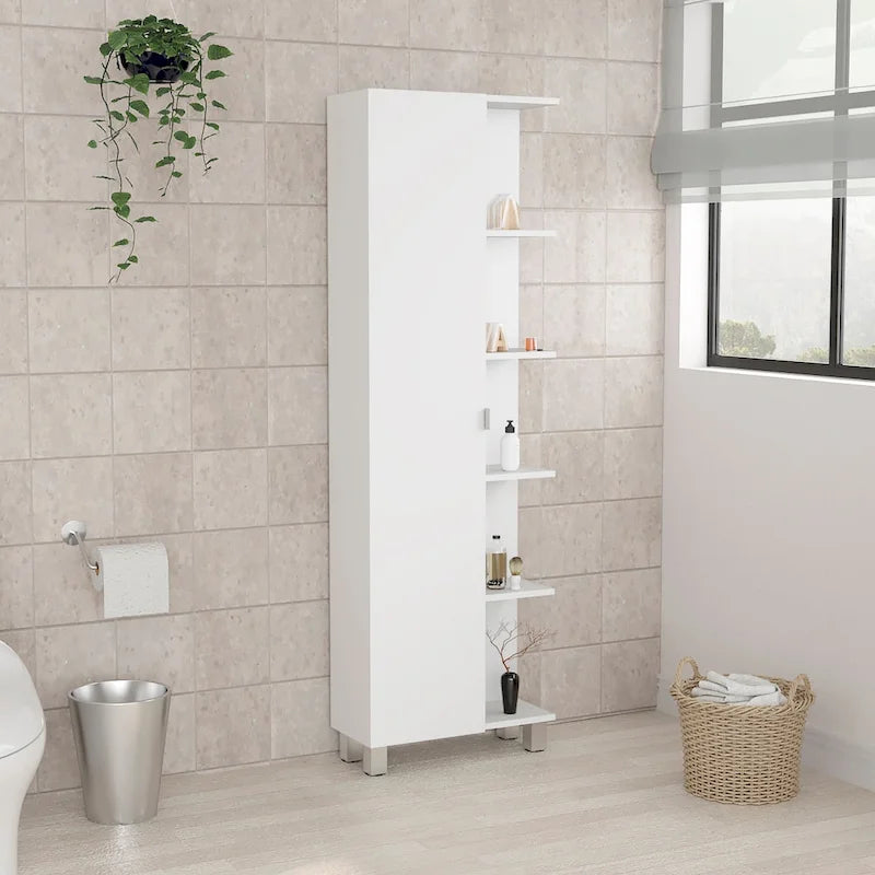 Corner Linen Cabinet with Five External Shelves, Single Door & Four Interior Shelves - White