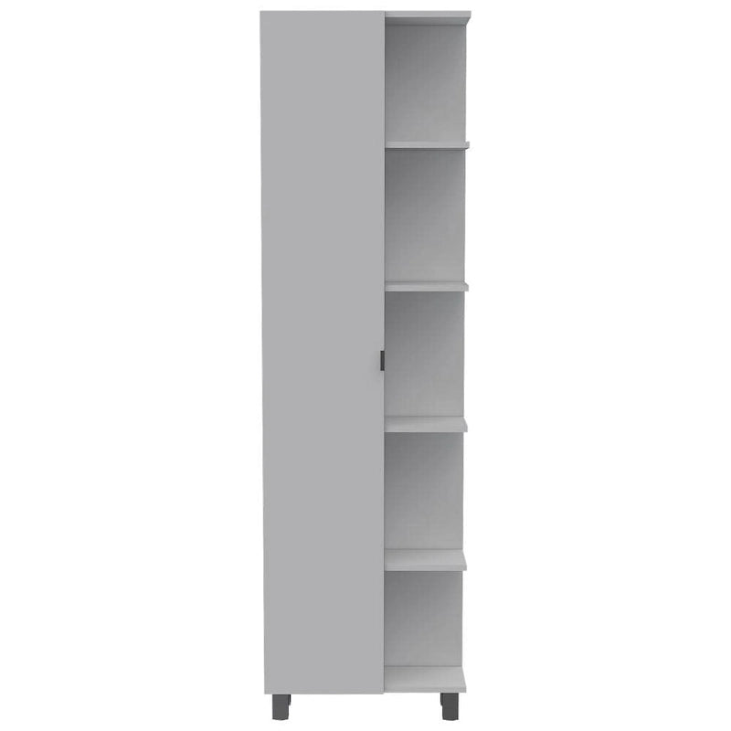 Corner Linen Cabinet with Five External Shelves, Single Door & Four Interior Shelves - White