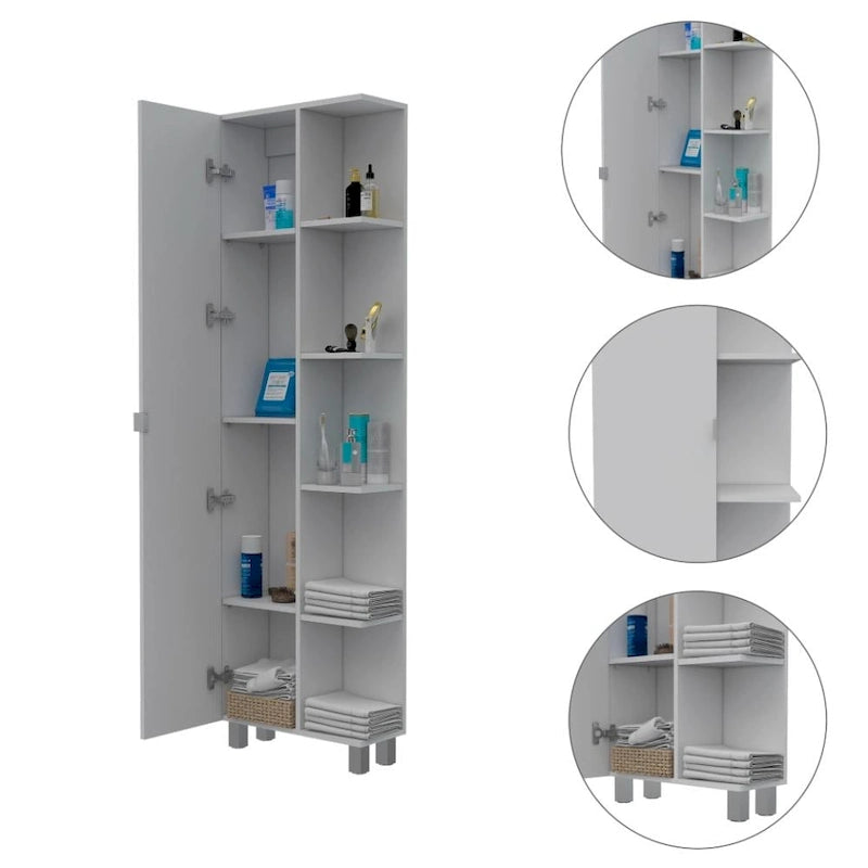 Corner Linen Cabinet with Five External Shelves, Single Door & Four Interior Shelves - White
