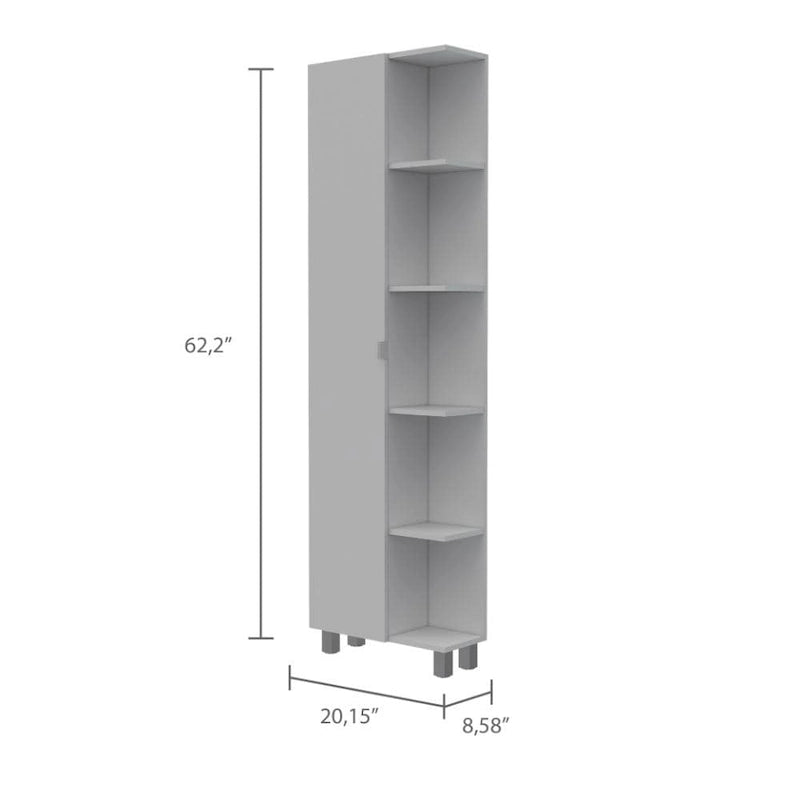 Corner Linen Cabinet with Five External Shelves, Single Door & Four Interior Shelves - White