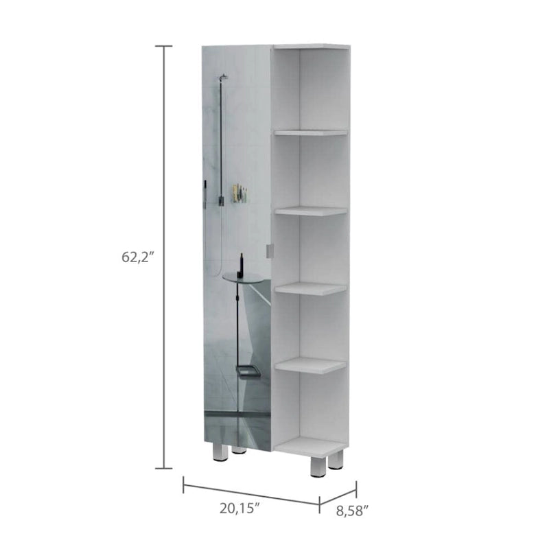 Corner Linen Cabinet with Five External Shelves, Single Door & Four Interior Shelves - White