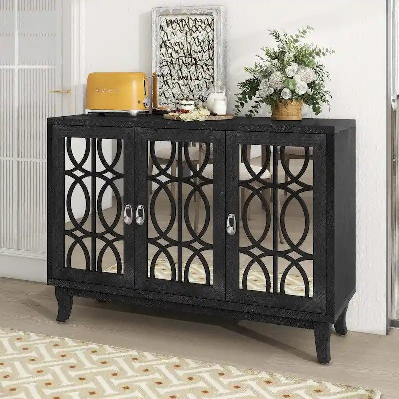 Sideboard with Glass Doors and Silver Handle for Living Room