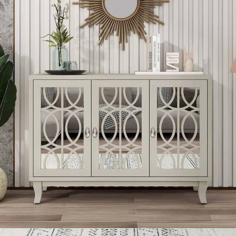 Sideboard with Glass Doors and Silver Handle for Living Room