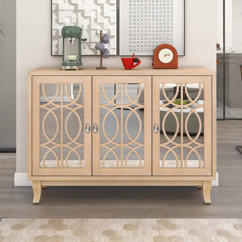 Sideboard with Glass Doors and Silver Handle for Living Room