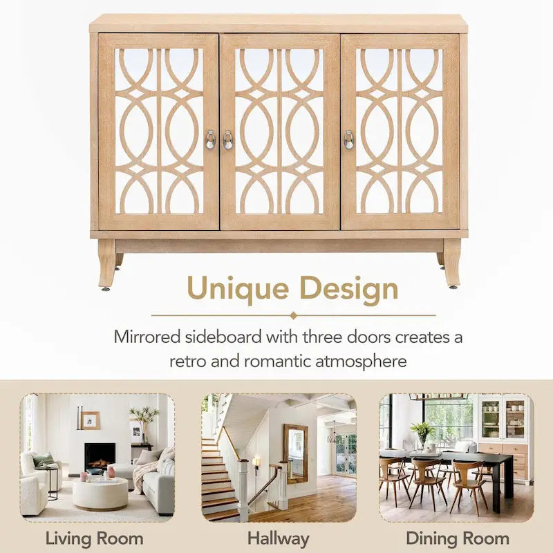 Sideboard with Glass Doors and Silver Handle for Living Room