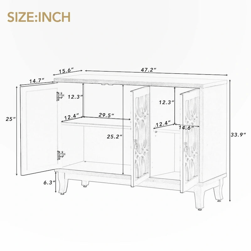 Sideboard with Glass Doors and Silver Handle for Living Room