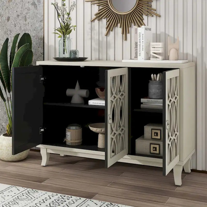 Sideboard with Glass Doors and Silver Handle for Living Room