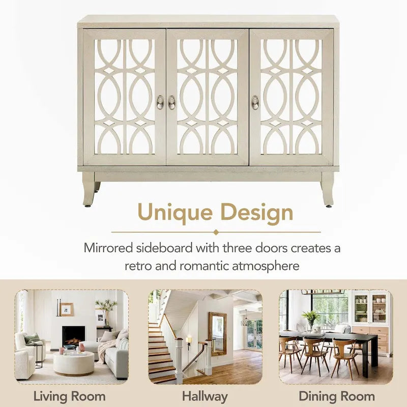 Sideboard with Glass Doors and Silver Handle for Living Room