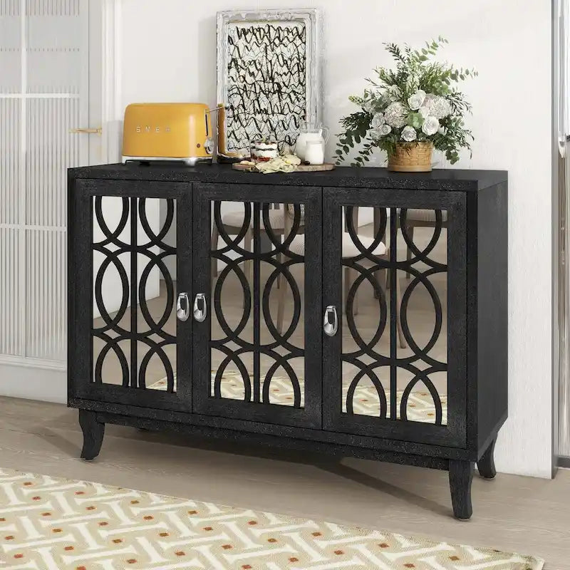 Sideboard with Glass Doors and Silver Handle for Living Room
