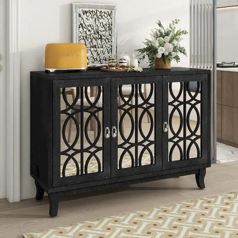 Sideboard with Glass Doors and Silver Handle for Living Room