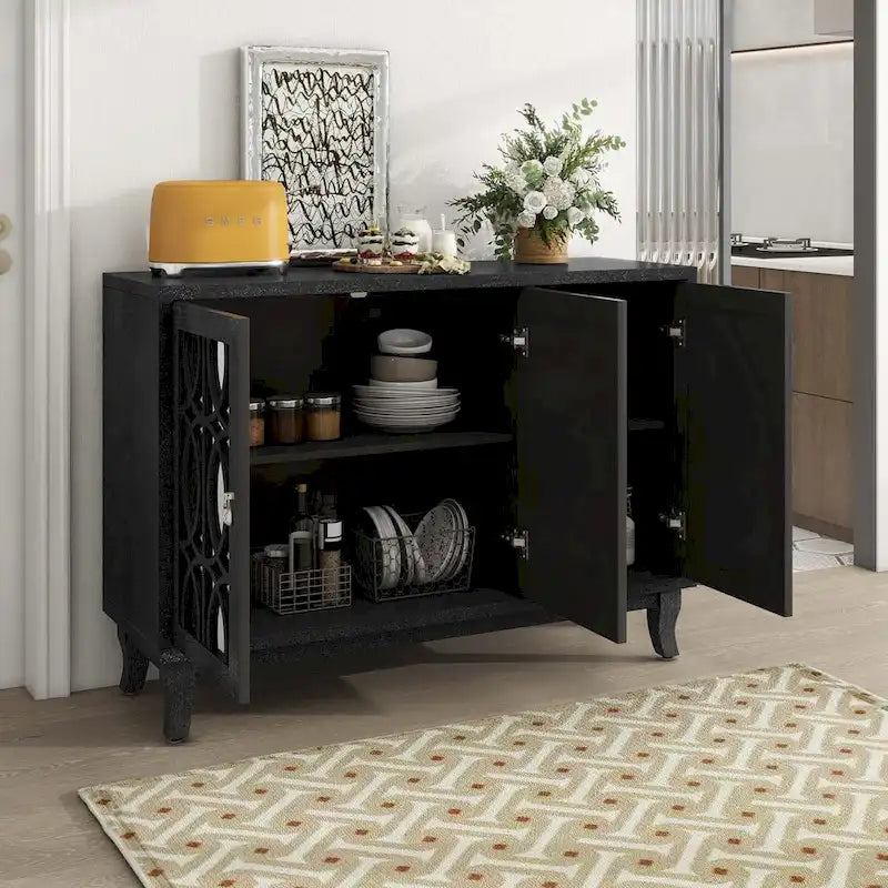 Sideboard with Glass Doors and Silver Handle for Living Room