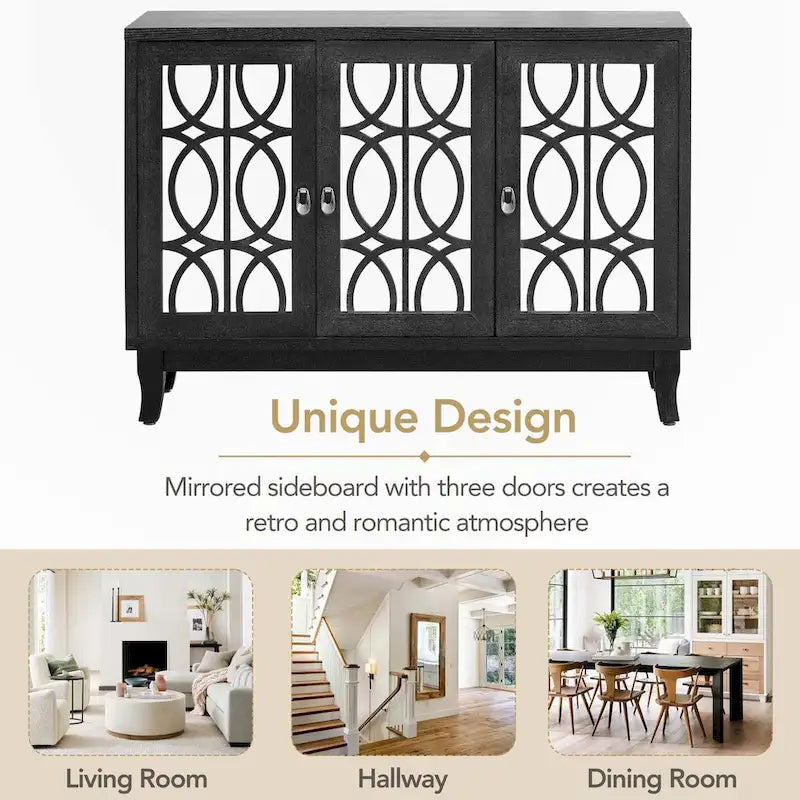 Sideboard with Glass Doors and Silver Handle for Living Room