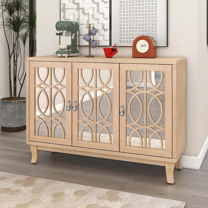 Sideboard with Glass Doors and Silver Handle for Living Room
