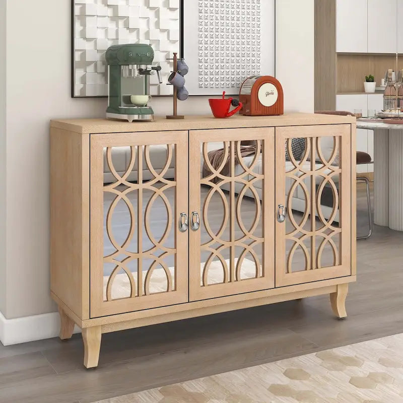 Sideboard with Glass Doors and Silver Handle for Living Room