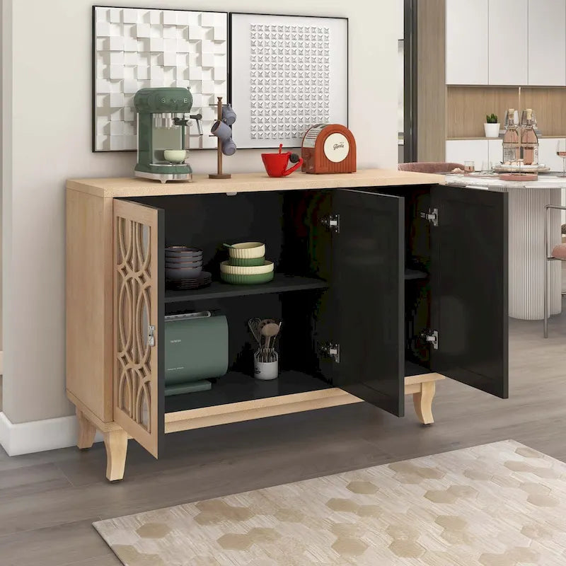 Sideboard with Glass Doors and Silver Handle for Living Room
