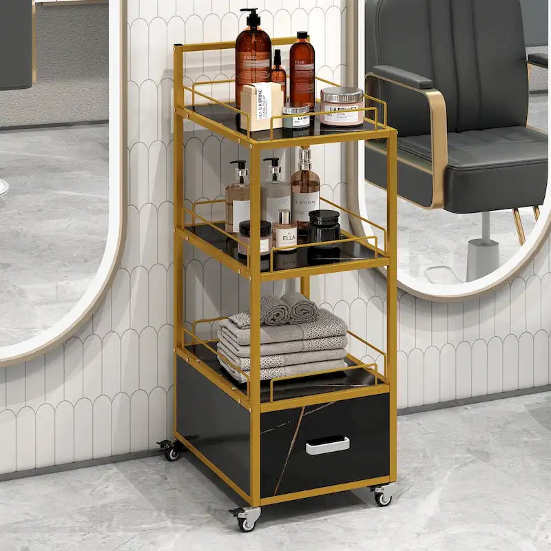 Salon Storage Trolley Cart with Lockable Wheels, Metal Frame & Marbled Board Drawer