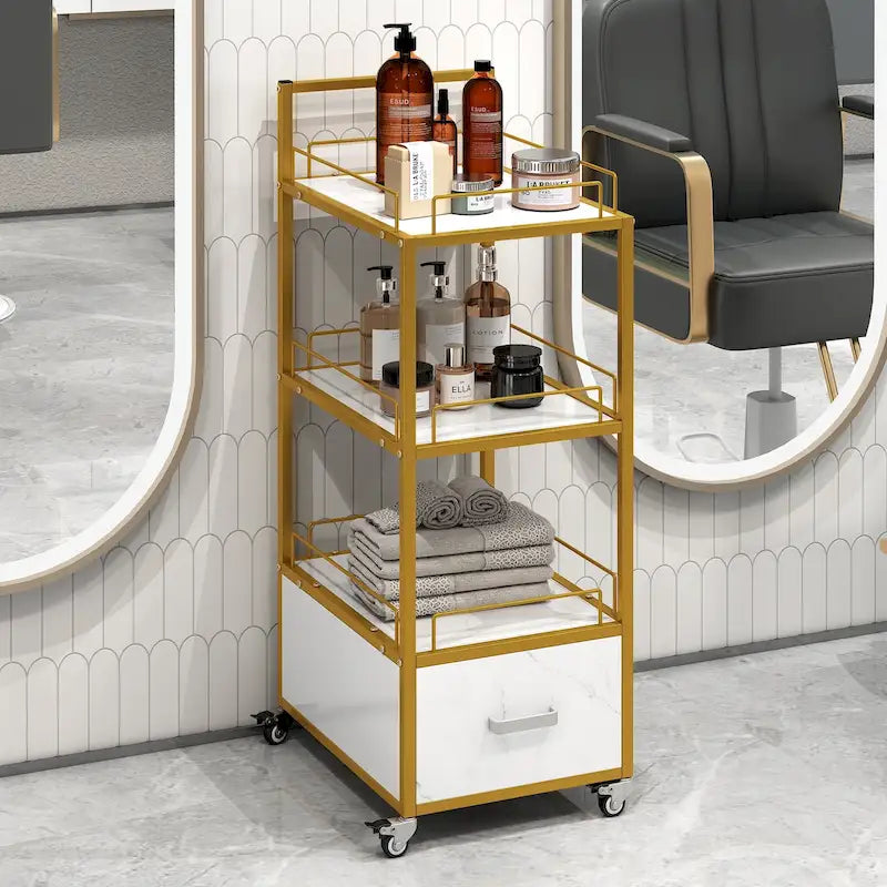 Salon Storage Trolley Cart with Lockable Wheels, Metal Frame & Marbled Board Drawer