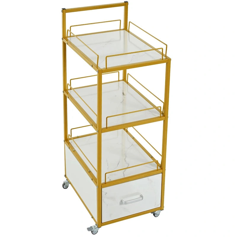 Salon Storage Trolley Cart with Lockable Wheels, Metal Frame & Marbled Board Drawer