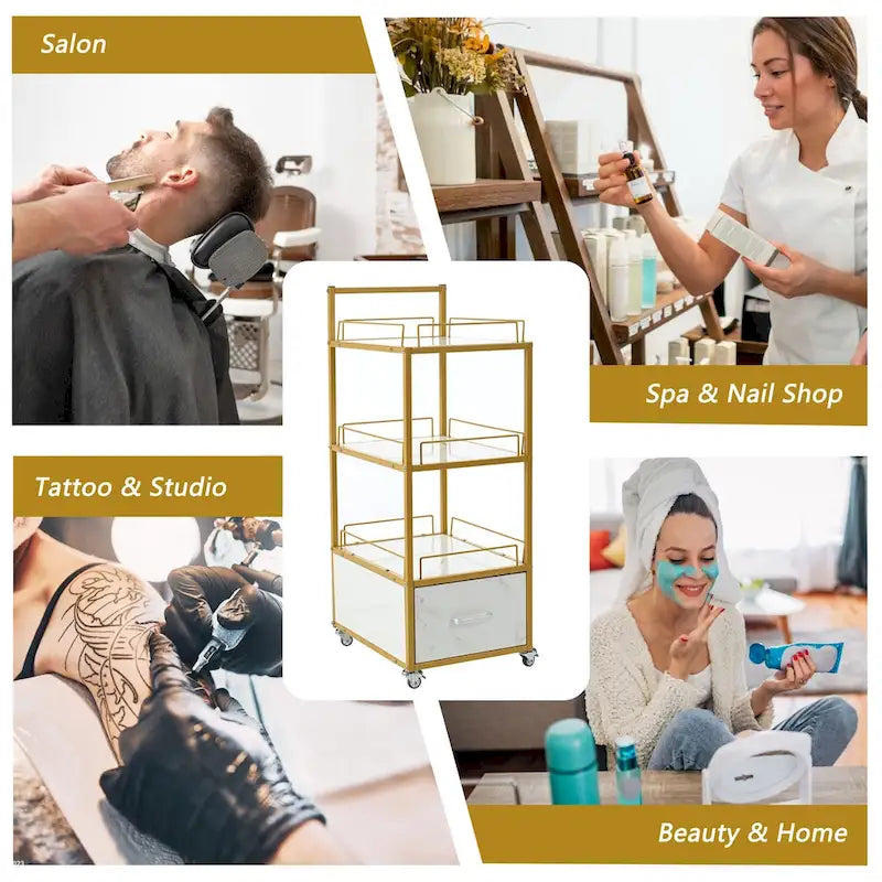 Salon Storage Trolley Cart with Lockable Wheels, Metal Frame & Marbled Board Drawer