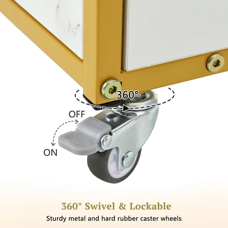 Salon Storage Trolley Cart with Lockable Wheels, Metal Frame & Marbled Board Drawer