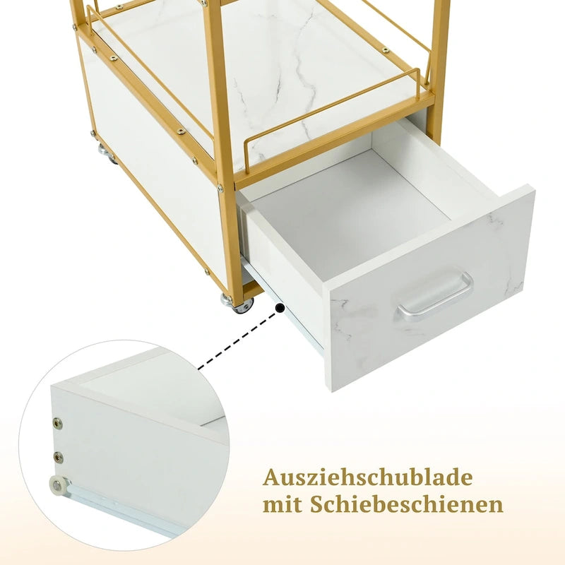 Salon Storage Trolley Cart with Lockable Wheels, Metal Frame & Marbled Board Drawer