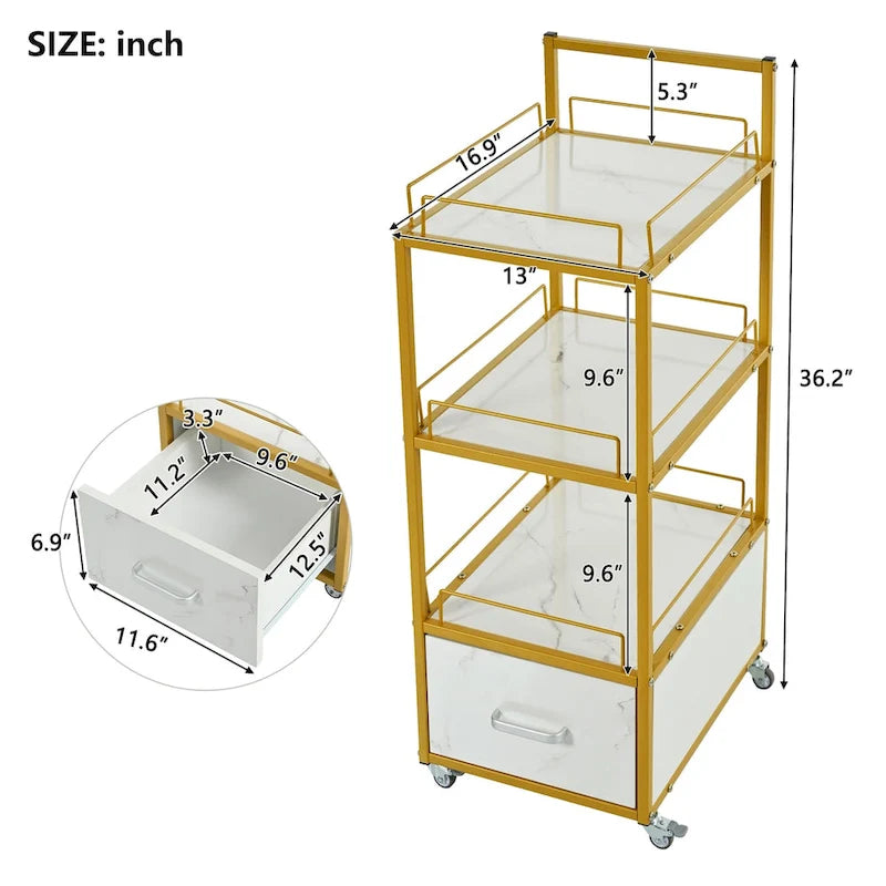 Salon Storage Trolley Cart with Lockable Wheels, Metal Frame & Marbled Board Drawer