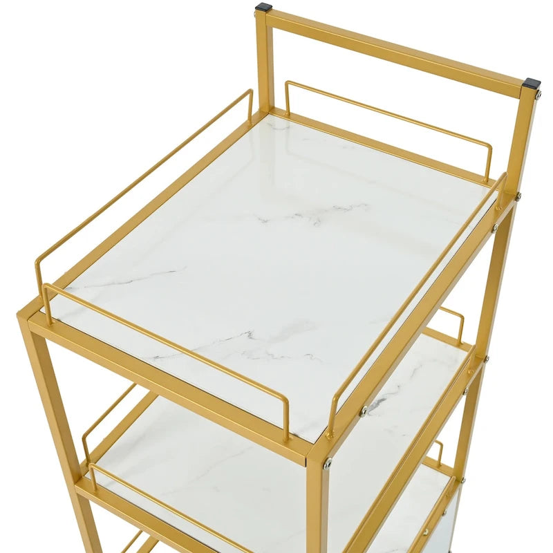 Salon Storage Trolley Cart with Lockable Wheels, Metal Frame & Marbled Board Drawer