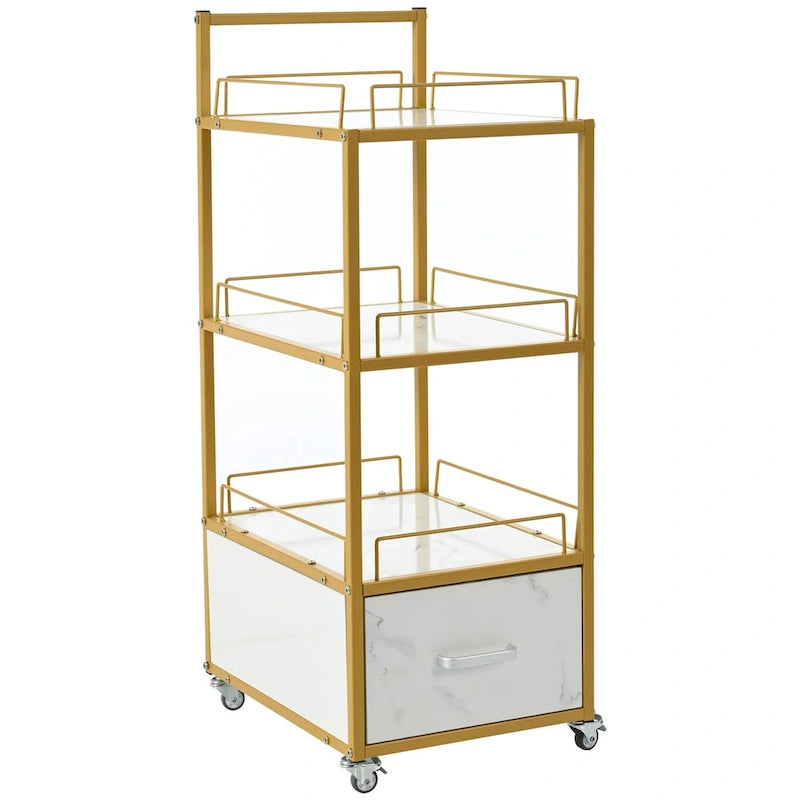 Salon Storage Trolley Cart with Lockable Wheels, Metal Frame & Marbled Board Drawer