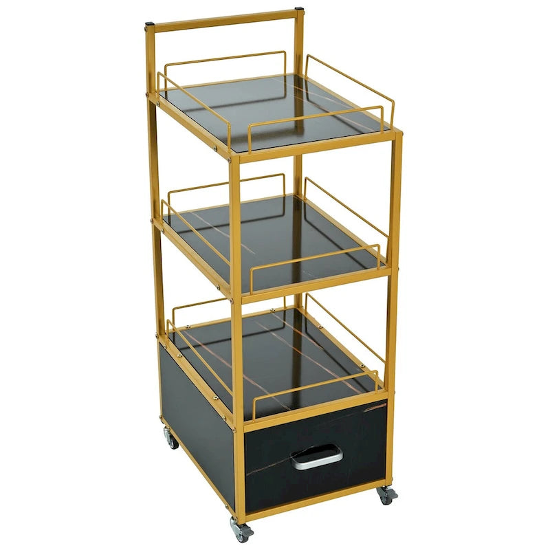 Salon Storage Trolley Cart with Lockable Wheels, Metal Frame & Marbled Board Drawer
