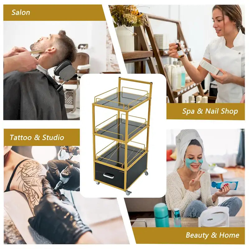 Salon Storage Trolley Cart with Lockable Wheels, Metal Frame & Marbled Board Drawer