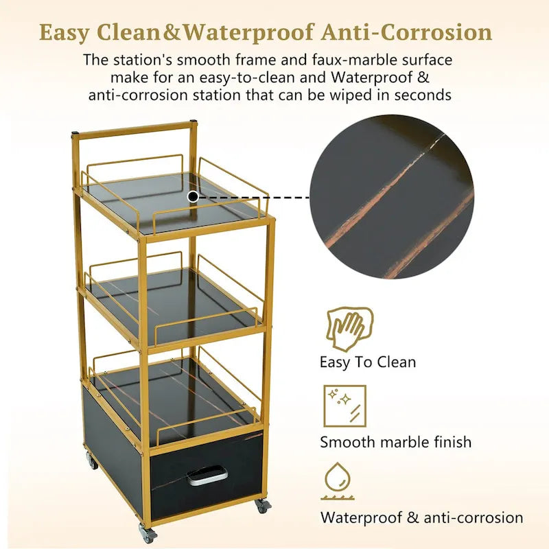 Salon Storage Trolley Cart with Lockable Wheels, Metal Frame & Marbled Board Drawer