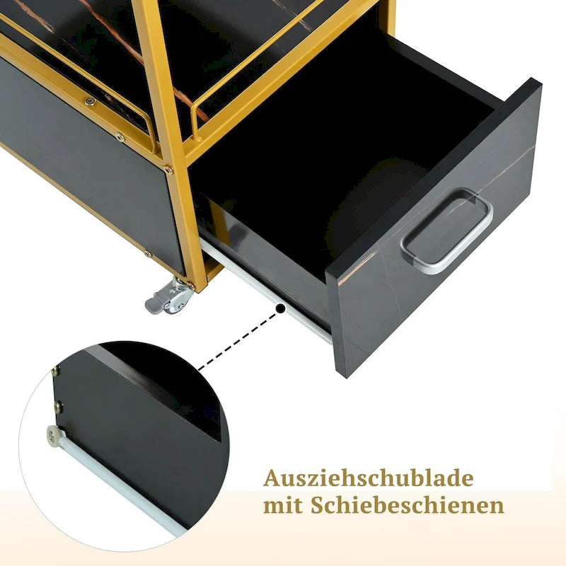 Salon Storage Trolley Cart with Lockable Wheels, Metal Frame & Marbled Board Drawer