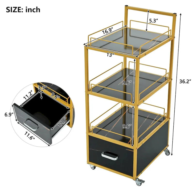 Salon Storage Trolley Cart with Lockable Wheels, Metal Frame & Marbled Board Drawer