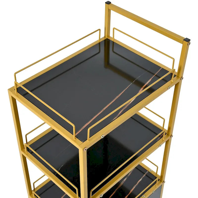 Salon Storage Trolley Cart with Lockable Wheels, Metal Frame & Marbled Board Drawer