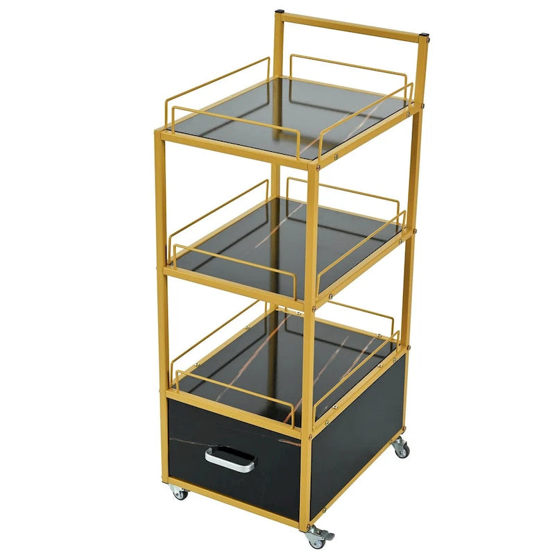 Salon Storage Trolley Cart with Lockable Wheels, Metal Frame & Marbled Board Drawer