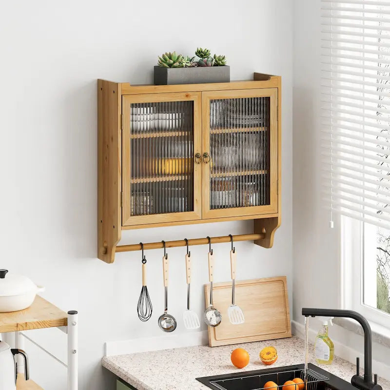 24.8" Vintage Glass Door Wall Cabinet with Double Doors, Three-Tier Storage, and Towel Rack