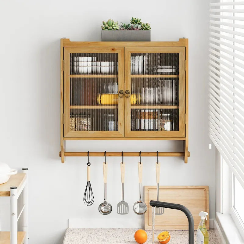 24.8" Vintage Glass Door Wall Cabinet with Double Doors, Three-Tier Storage, and Towel Rack