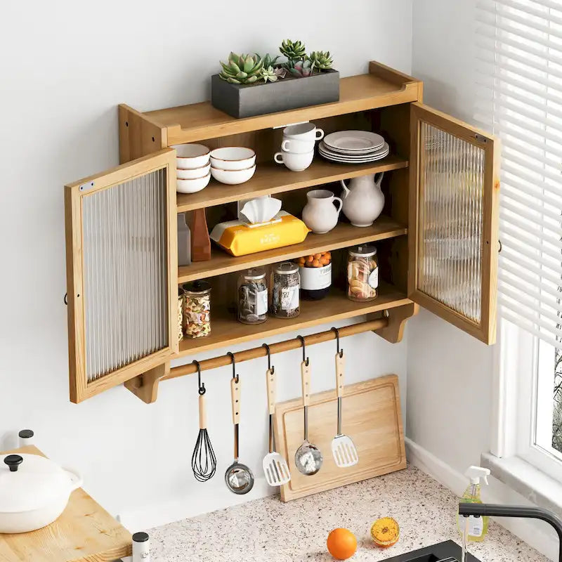 24.8" Vintage Glass Door Wall Cabinet with Double Doors, Three-Tier Storage, and Towel Rack