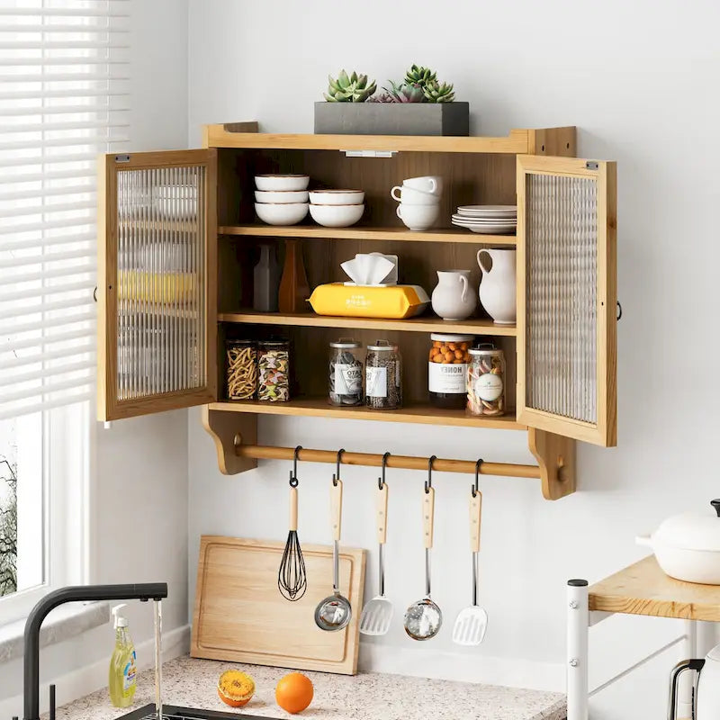 24.8" Vintage Glass Door Wall Cabinet with Double Doors, Three-Tier Storage, and Towel Rack