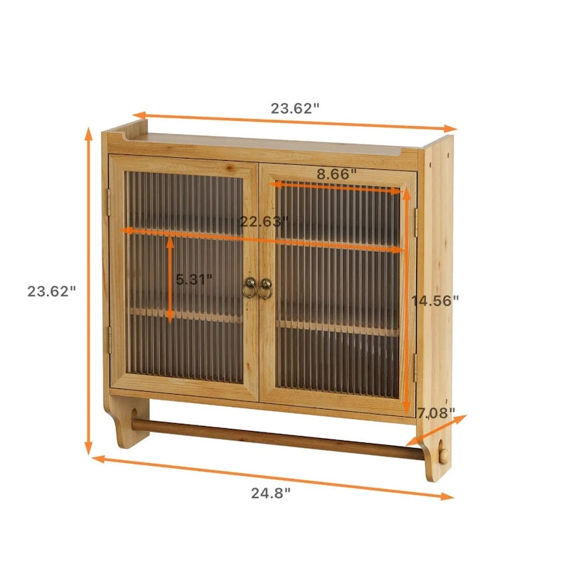 24.8" Vintage Glass Door Wall Cabinet with Double Doors, Three-Tier Storage, and Towel Rack